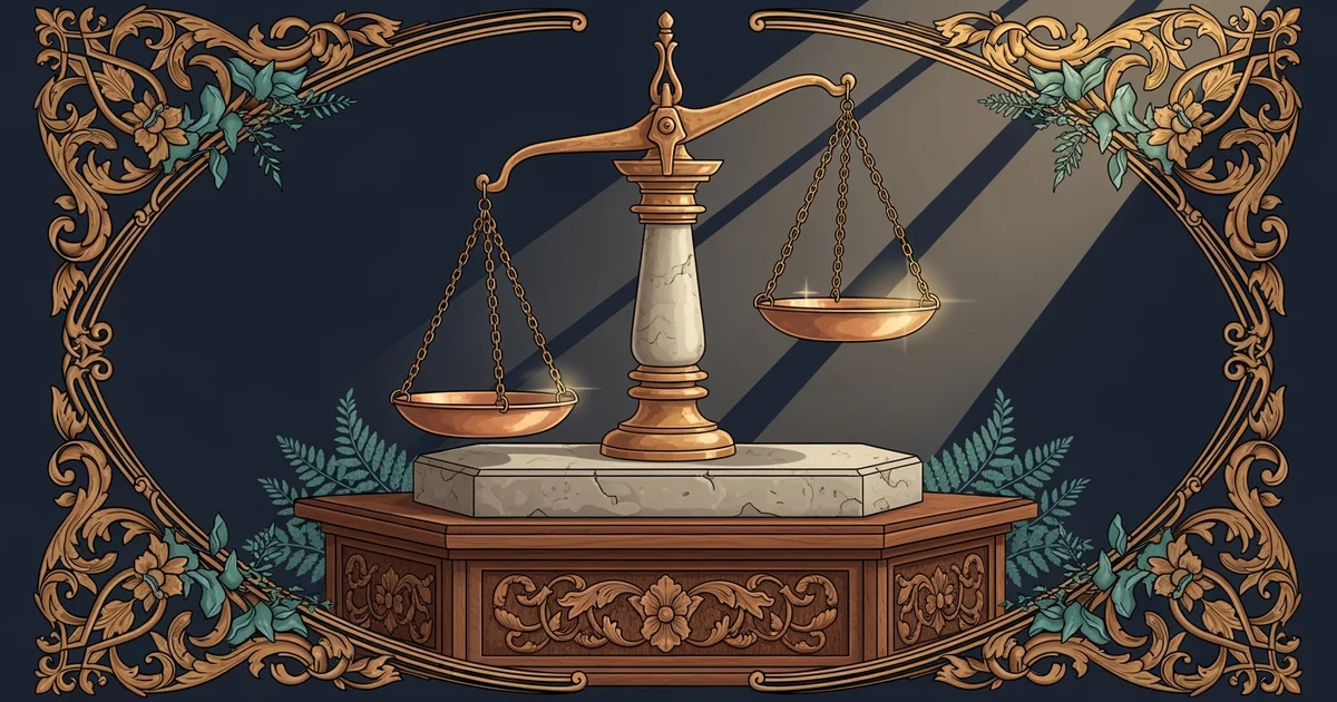 A stone scale resting on a wooden podium, Victorian botanical illustration style, representing a Learning Whistle learning path on Political Ethics.