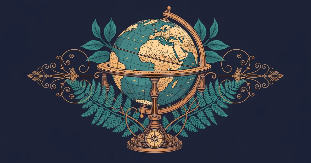 Antique globe with hand-drawn borders, Victorian botanical illustration style, representing a Learning Whistle learning path on Political Geography.