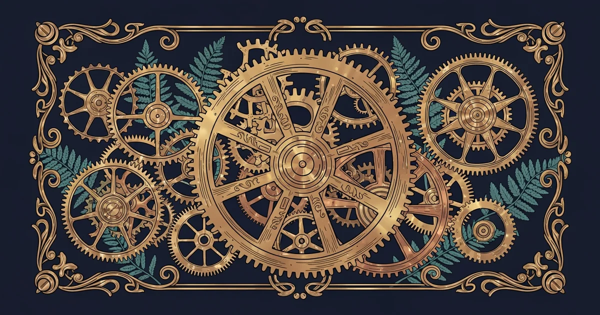 A complex clockwork mechanism, Victorian botanical illustration style, representing a Learning Whistle learning path on Political Ideologies and Systems.