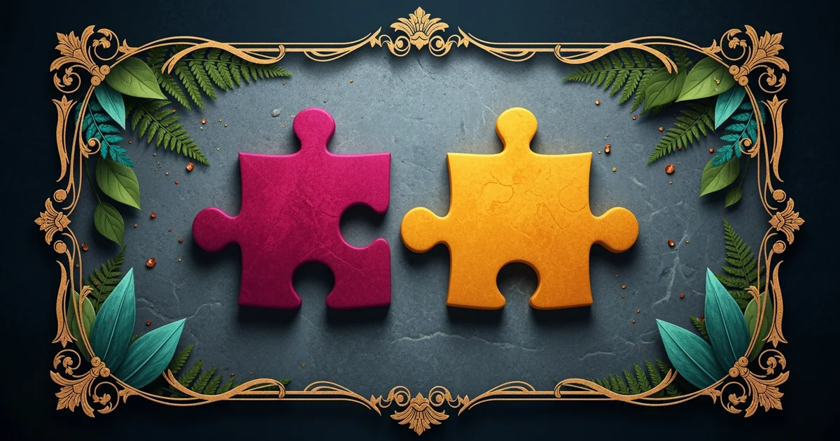 Two interlocking puzzle pieces of different colors, Victorian botanical illustration style, representing a Learning Whistle learning path on Political Tribalism.