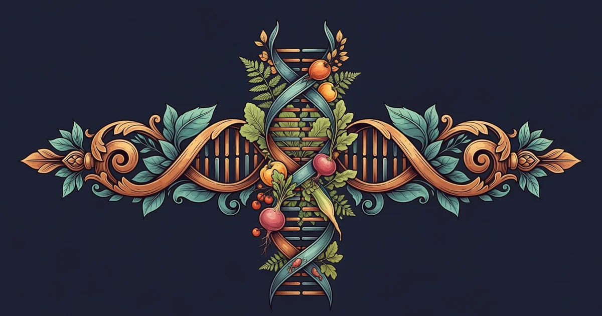 A double helix DNA strand intertwined with vibrant fresh vegetables, Victorian botanical illustration style, representing a Learning Whistle learning path on Precision Nutrition and Nutrigenomics.