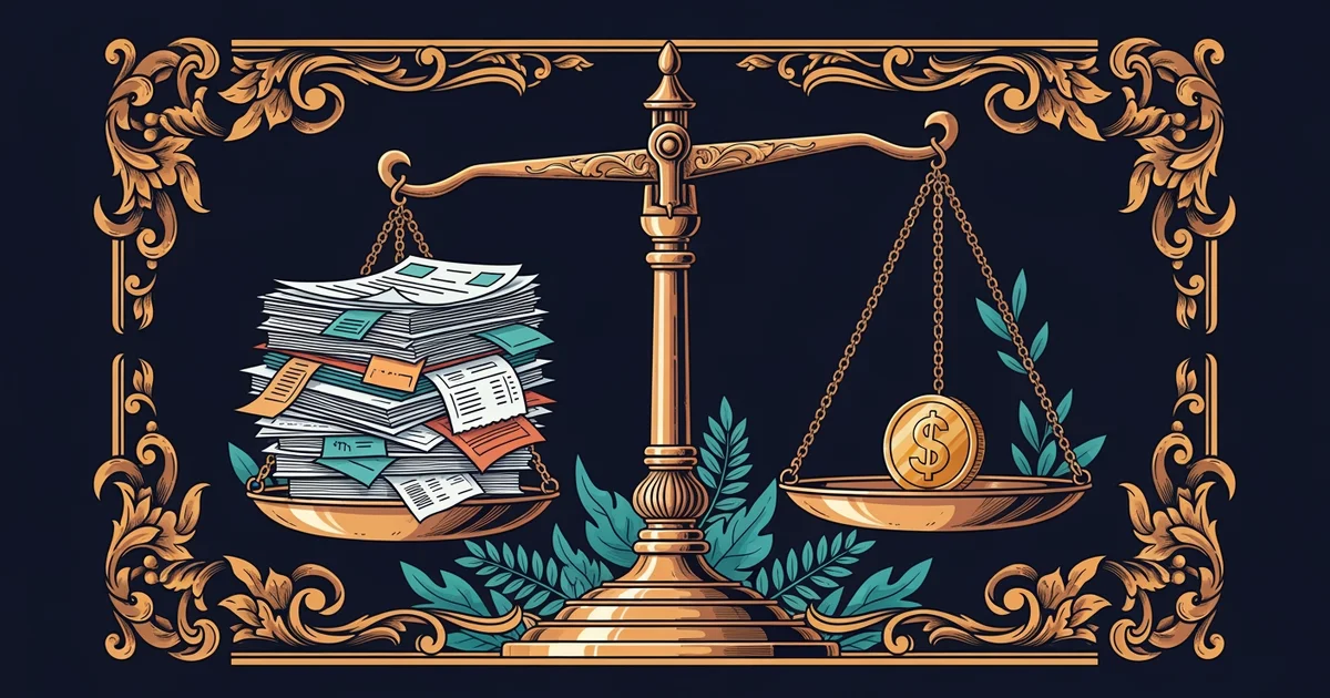 Balanced scale with documents and gold, Victorian botanical illustration style, representing a Learning Whistle learning path on Private Credit Risk Assessment.