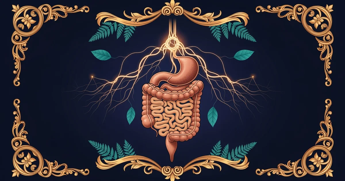 A glowing network of neural pathways connecting to a digestive system.