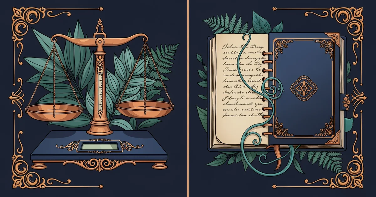 A digital scale and a handwritten journal, Victorian botanical illustration style, representing a Learning Whistle learning path on research methods.