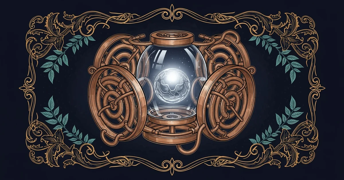 A glowing silver sphere in a vacuum, Victorian botanical illustration style, representing a Learning Whistle learning path on Quantum Mechanics.