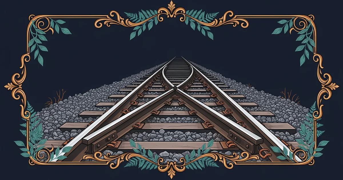 Steel railway tracks, Victorian botanical illustration style, representing a Learning Whistle learning path on Railway Engineering.