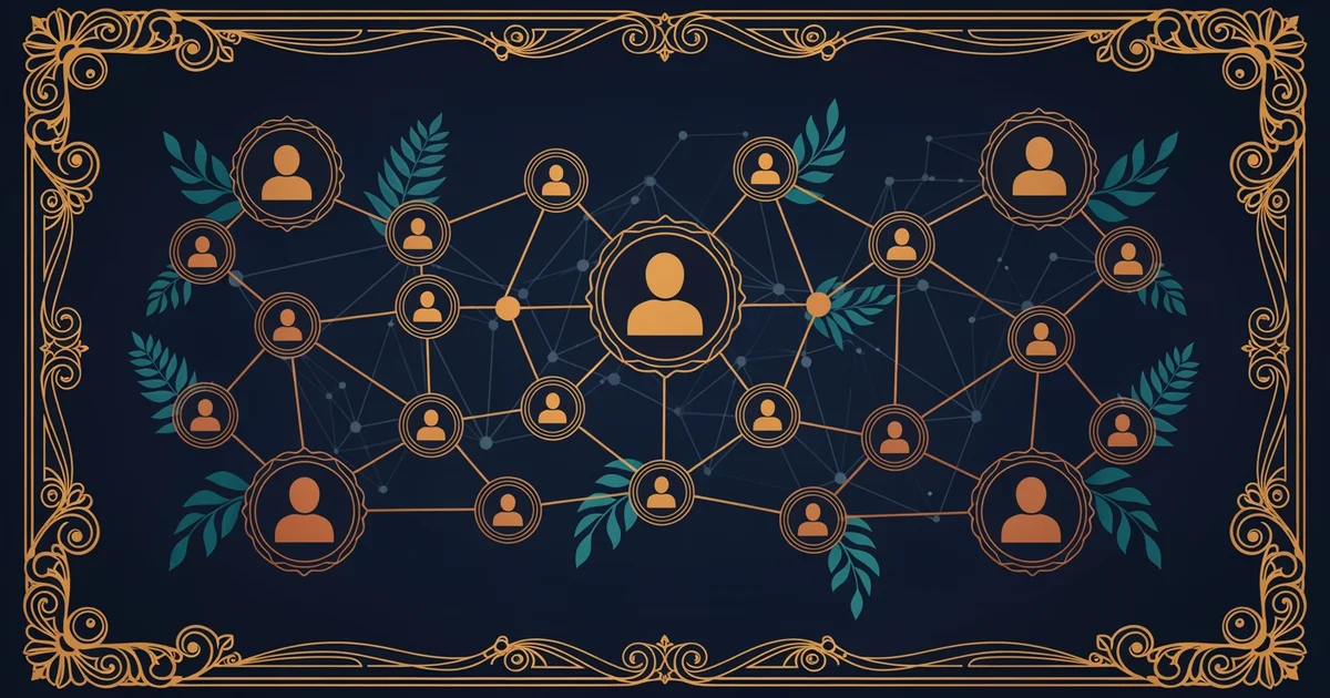 A complex network of interconnected nodes, Victorian botanical illustration style, representing a Learning Whistle learning path on Religious Sociology.