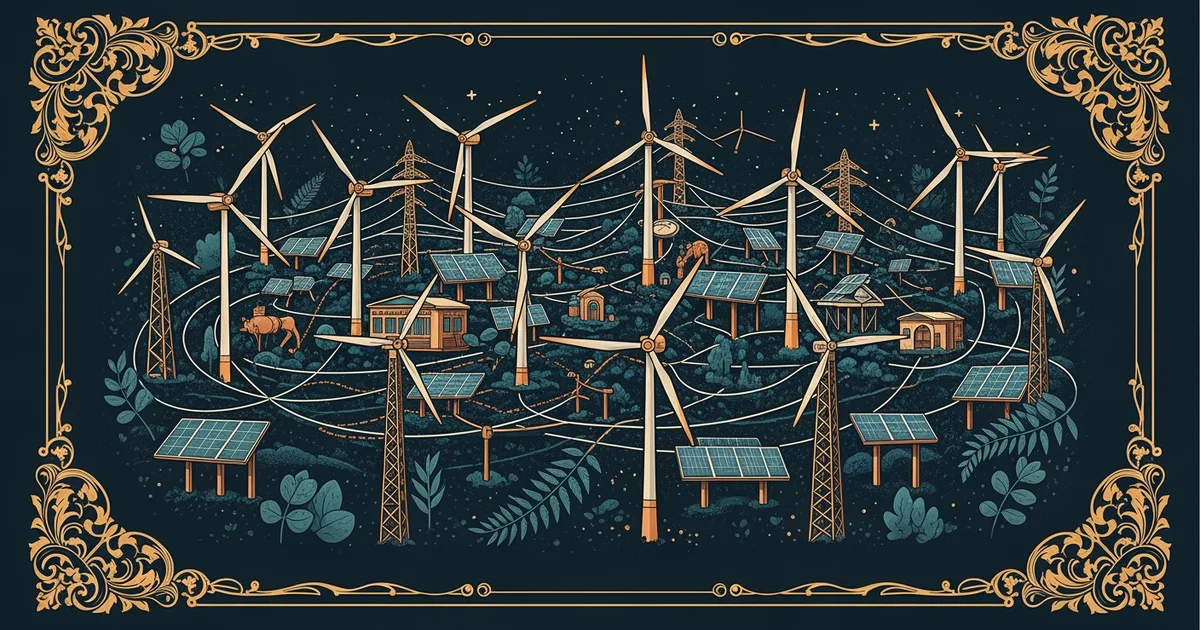 A network of wind turbines and solar arrays, Victorian botanical illustration style, representing a Learning Whistle learning path on renewable energy infrastructure.