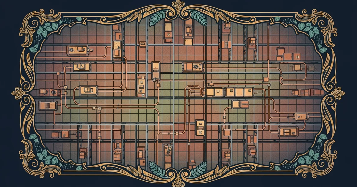 A grid-based warehouse floor with multiple small autonomous robots moving along optimized paths, Victorian botanical illustration style, representing a Learning Whistle learning path on Robot Fleet Or