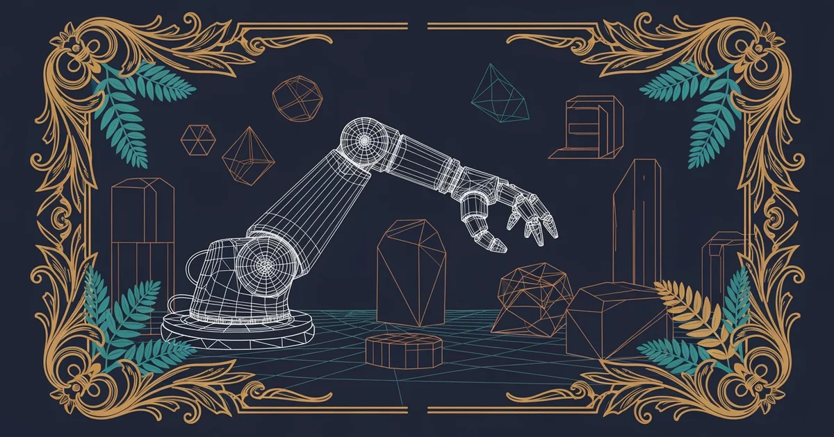 A wireframe robotic arm navigating through geometric obstacles, Victorian botanical illustration style, representing a Learning Whistle learning path on Robot Motion Planning With Moveit.