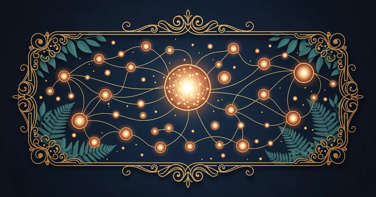 A geometric network of nodes, Victorian botanical illustration style, representing a Learning Whistle learning path on Robot Operating System 2.