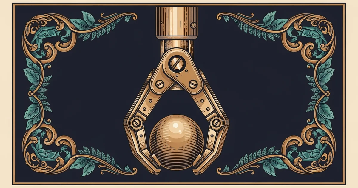 A mechanical gripper, Victorian botanical illustration style, representing a Learning Whistle learning path on robotic gripper and end effector design.