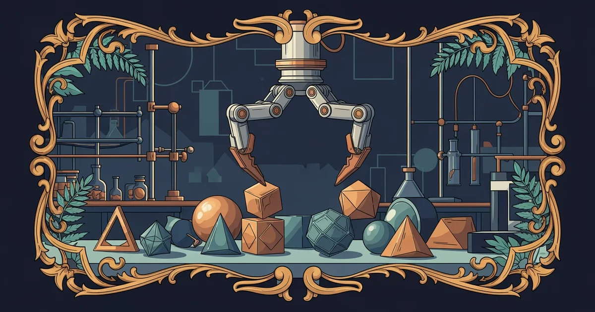 A multi-jointed robotic gripper manipulating geometric shapes, Victorian botanical illustration style, representing a Learning Whistle learning path on robotic manipulation foundation models.