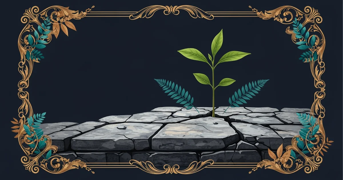 A small sapling growing through the cracks of a heavy stone foundation, Victorian botanical illustration style, representing a Learning Whistle learning path on Scaling Strategies for Small Business.