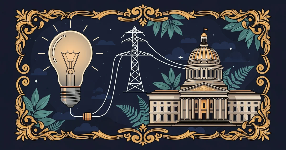 A stylized diagram of a lightbulb connected to a government building, Victorian botanical illustration style, representing a Learning Whistle learning path on Science and Technology Policy.