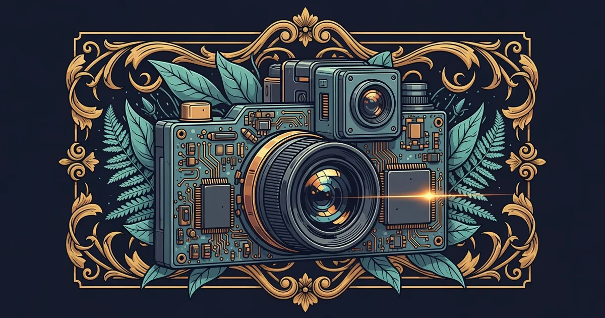 A complex circuit board integrated with a camera lens and a laser distance sensor, Victorian botanical illustration style, representing a Learning Whistle learning path on Sensor Fusion and Perception