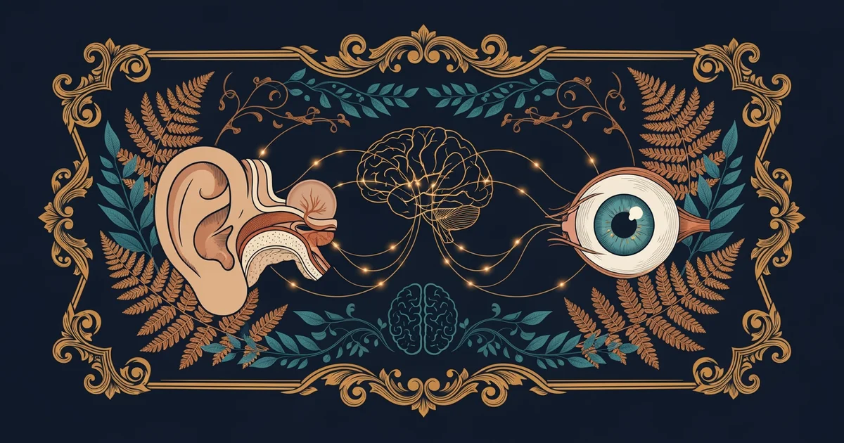 A detailed anatomical diagram of human sensory organs, Victorian botanical illustration style, representing a Learning Whistle learning path on Sensory Systems.