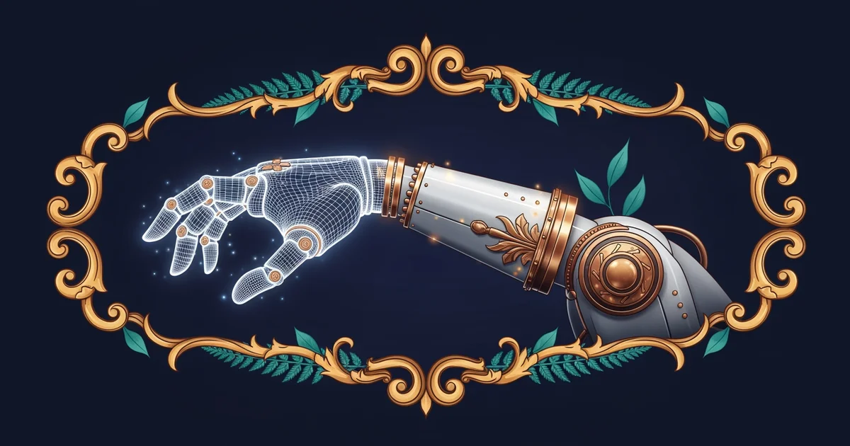 A robotic arm transitioning from wireframe to physical reality, Victorian botanical illustration style, representing a Learning Whistle learning path on Sim-to-Real Reinforcement Learning.