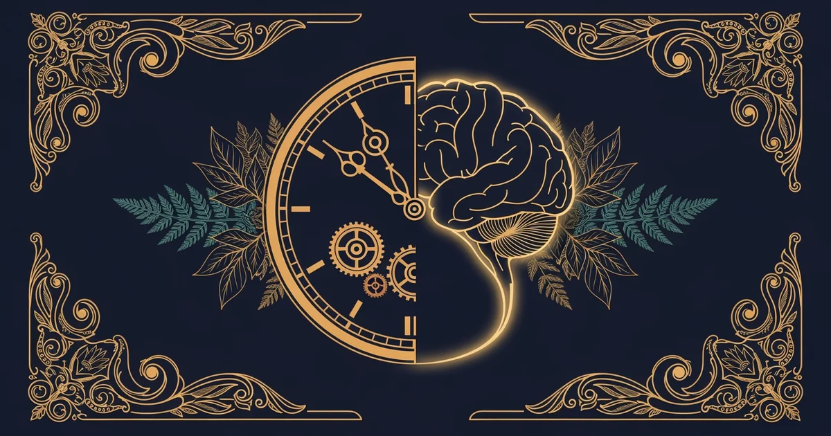 A clock face merging into a glowing brain silhouette, Victorian botanical illustration style, representing a Learning Whistle learning path on Sleep Hygiene and Cognitive Performance.