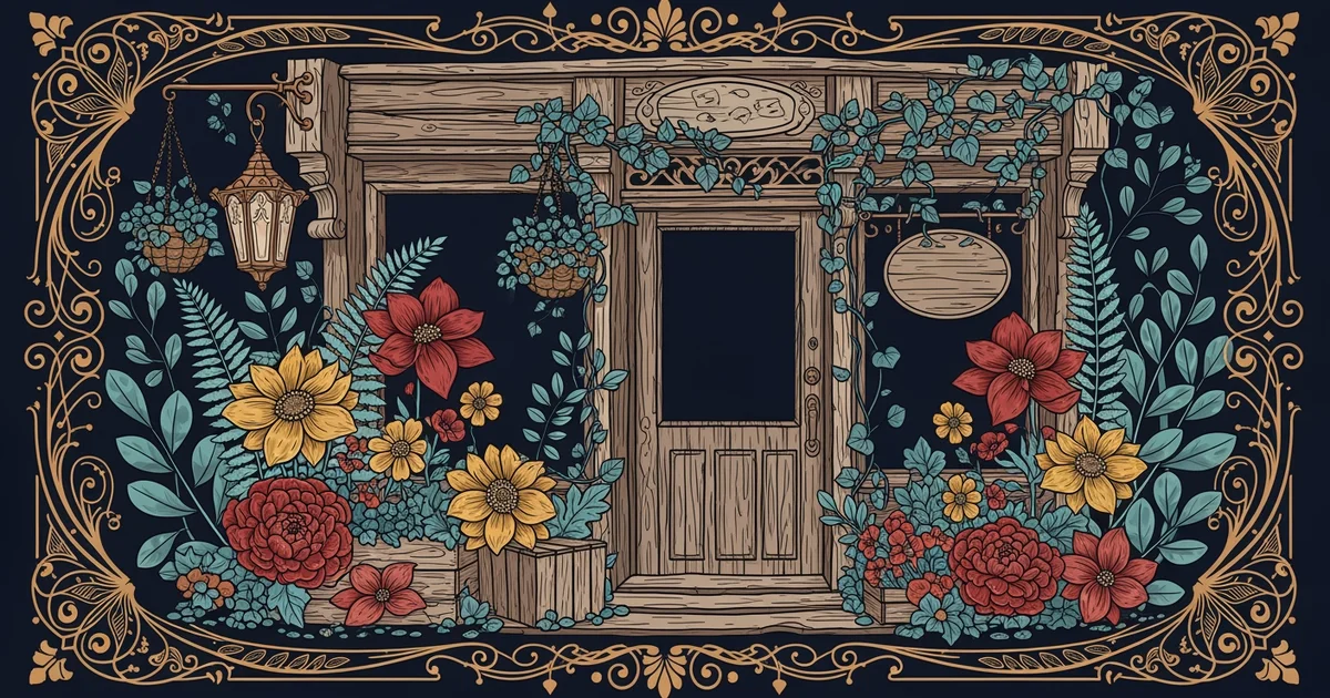 A rustic storefront with a garden, Victorian botanical illustration style, representing a Learning Whistle learning path on Small Business Economics.