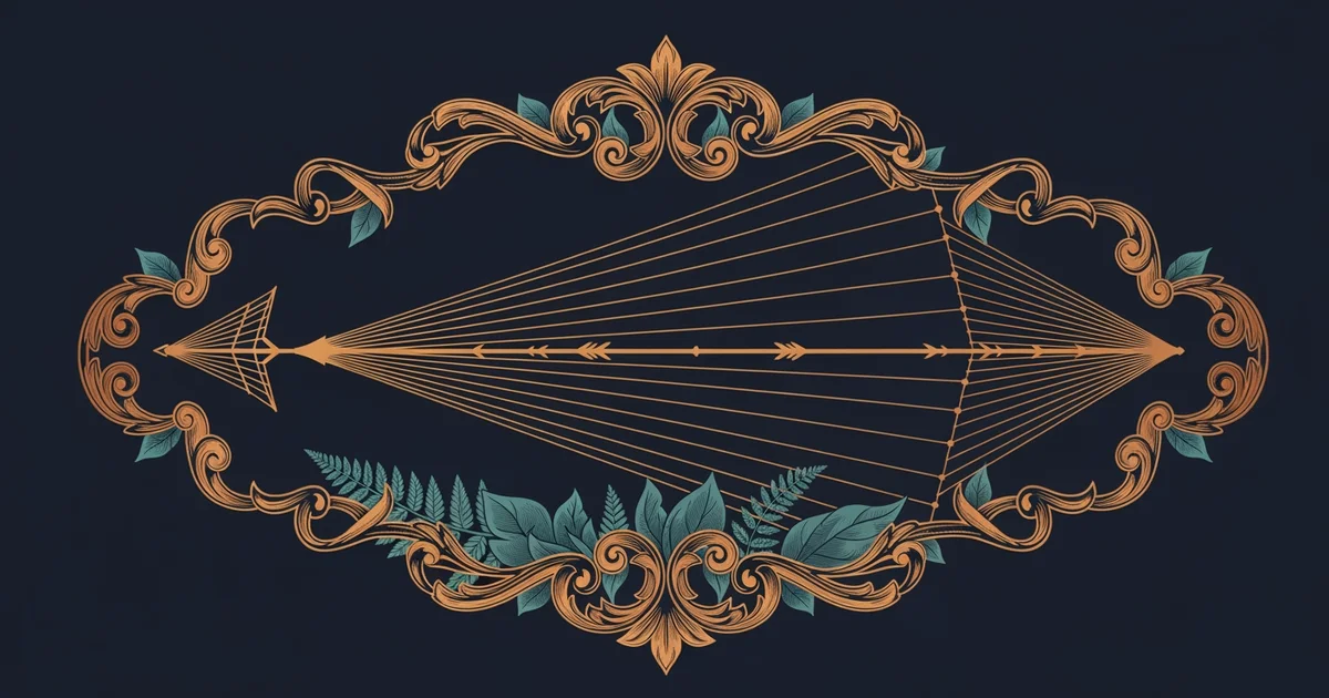 Converging lines forming a single arrow, Victorian botanical illustration style, representing a Learning Whistle learning path on Social Movements and Collective Behavior.