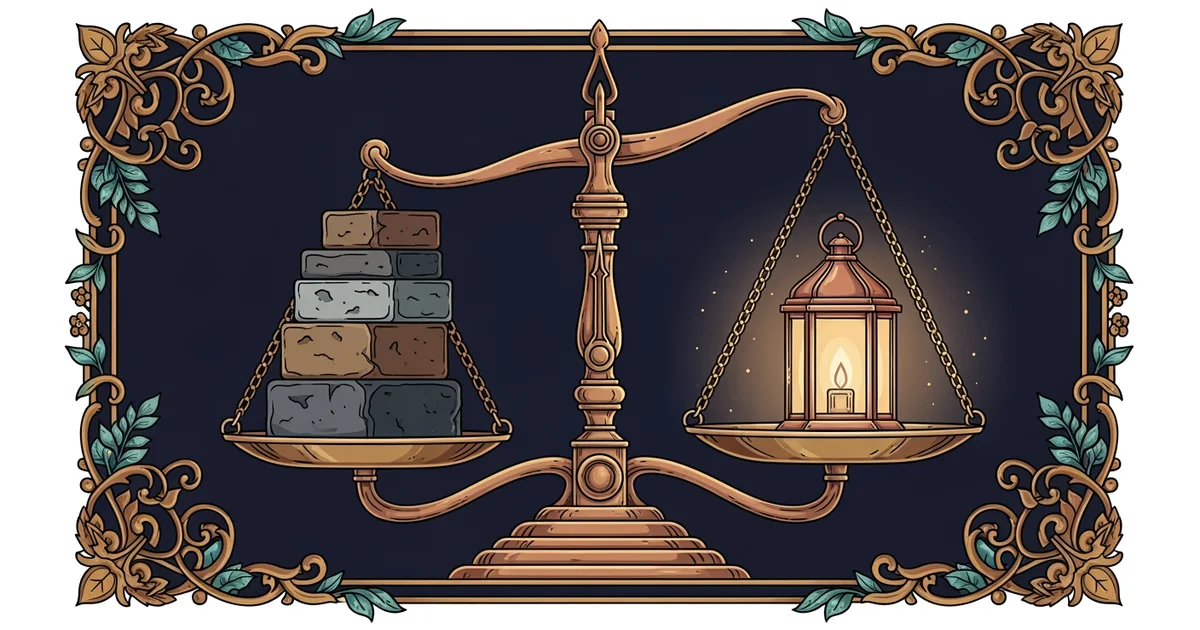 An intricate brass scale balancing a stack of heavy stone blocks on one side and a single glowing lantern on the other, Victorian botanical illustration style, representing a Learning Whistle learning