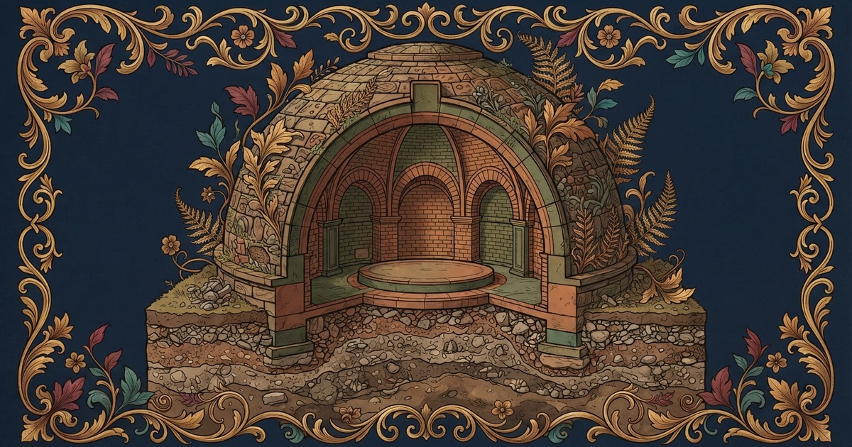 A cross-section of an ancient stone dome displaying the internal layers of rubble and mortar.