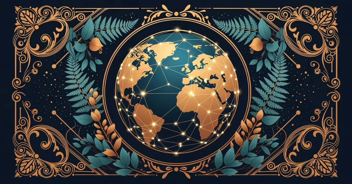A complex network of glowing nodes connected by lines across a stylized globe, Victorian botanical illustration style, representing a Learning Whistle learning path on Supply Chain Resilience Modeling