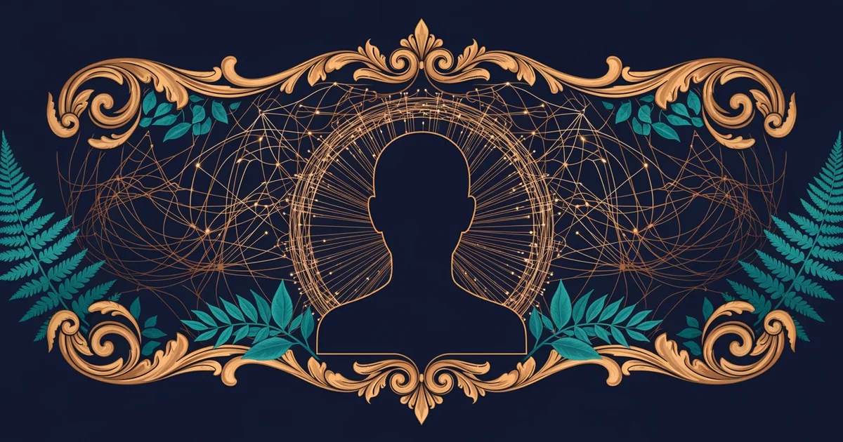 A complex web of glowing fiber optic lines connecting to a human silhouette, Victorian botanical illustration style, representing a Learning Whistle learning path on Surveillance Capitalism.