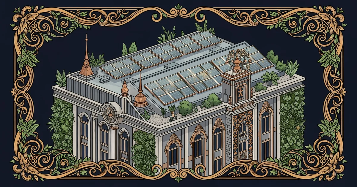 A modern building with integrated solar panels and vertical rooftop gardens, Victorian botanical illustration style, representing a Learning Whistle learning path on Sustainable Construction.