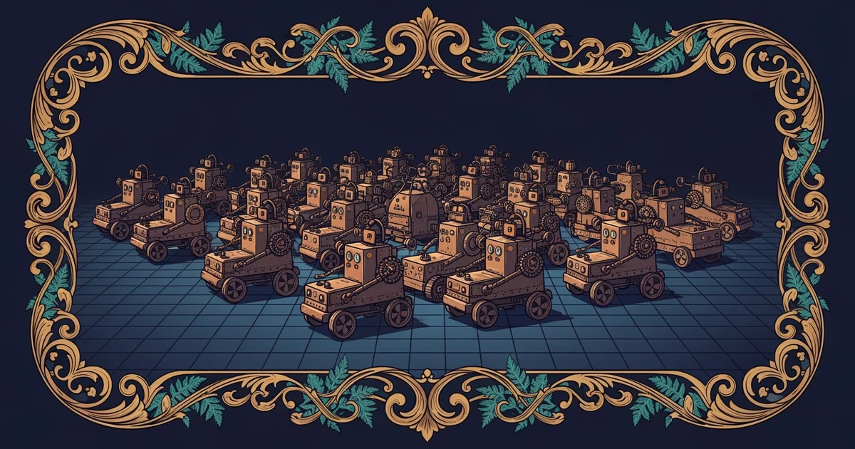 A dense cluster of small robots moving in formation, Victorian botanical illustration style, representing a Learning Whistle learning path on swarm robotics coordination.