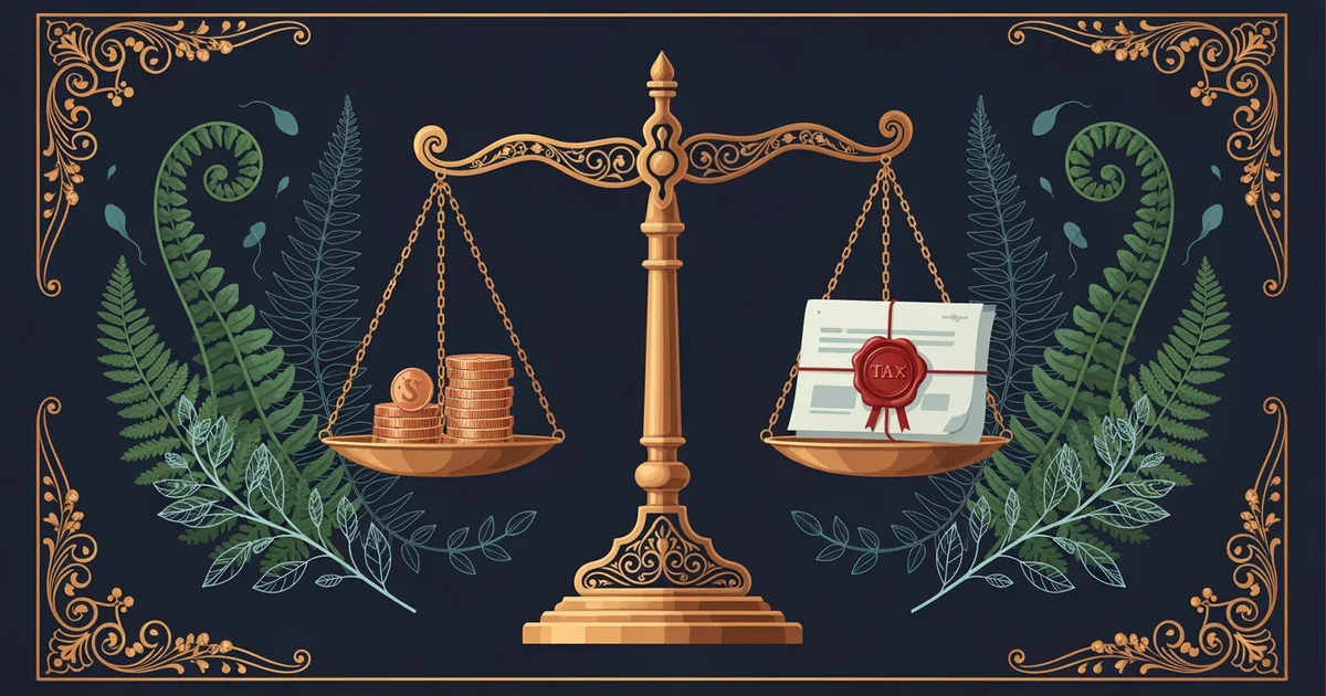 A stylized golden scale weighing a stack of coins against a document with a tax seal, Victorian botanical illustration style, representing a Learning Whistle learning path on taxation strategies.