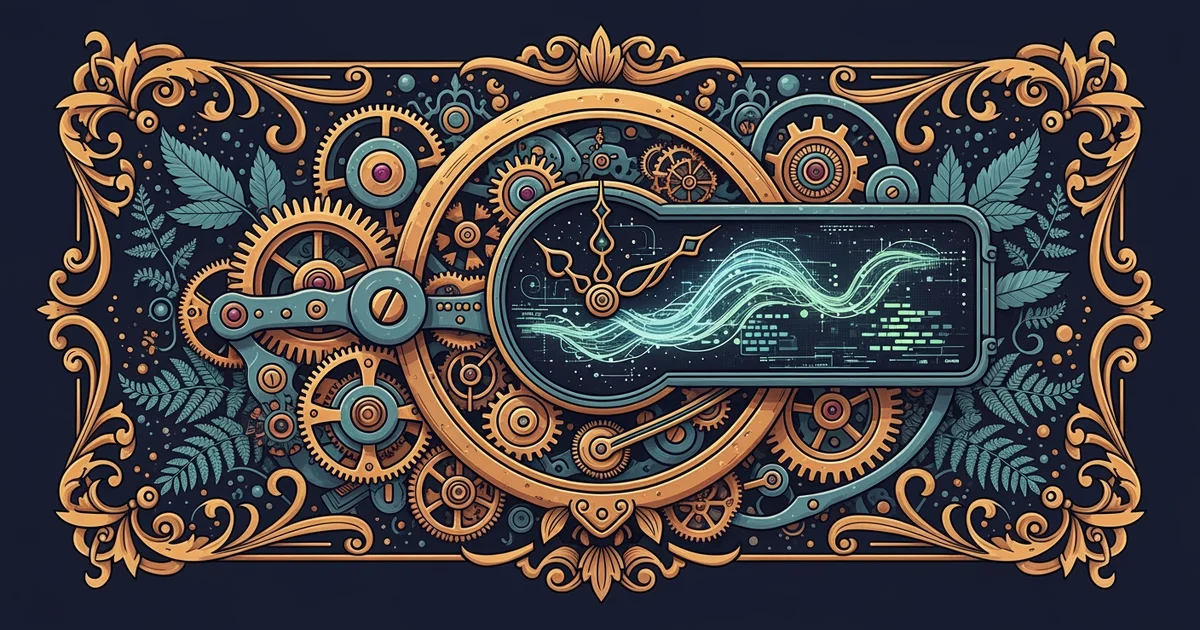 A complex clockwork mechanism integrated with a digital data display, Victorian botanical illustration style, representing a Learning Whistle learning path on technocratic governance models.