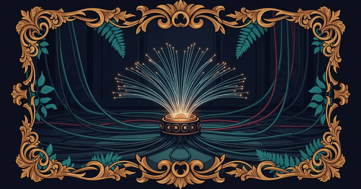 Glowing fiber optic cables, Victorian botanical illustration style, representing a Learning Whistle learning path on Telecommunications Infrastructure.