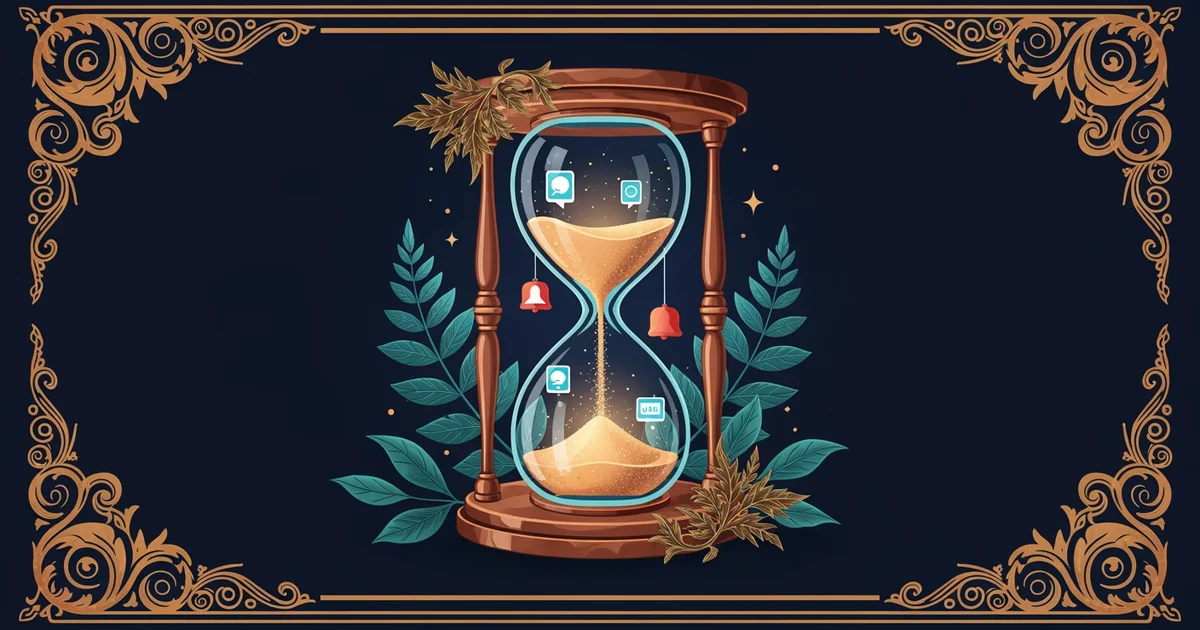 A glowing hourglass where digital notifications replace the falling sand inside the glass, Victorian botanical illustration style, representing a Learning Whistle learning path on The Attention Econom