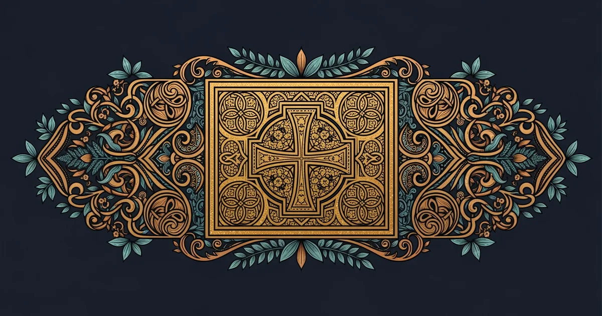 Golden mosaic featuring geometric patterns and a central cross, Victorian botanical illustration style, representing a Learning Whistle learning path on The Byzantine Empire.