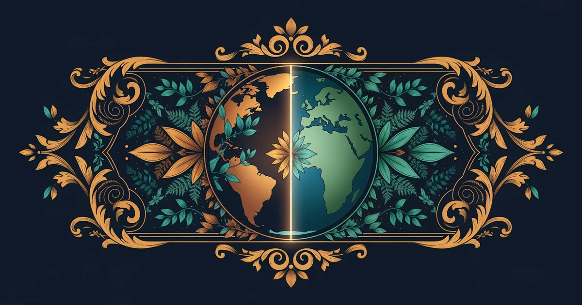 A divided globe representing the Cold War, Victorian botanical illustration style, representing a Learning Whistle learning path on The Cold War Geopolitics.