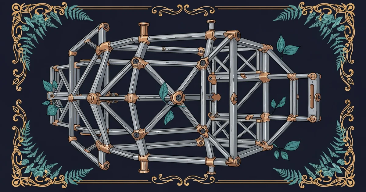 Metallic robotic frame structure, Victorian botanical illustration style, representing a Learning Whistle learning path on The Engineering Behind Wearable Exoskeletons.