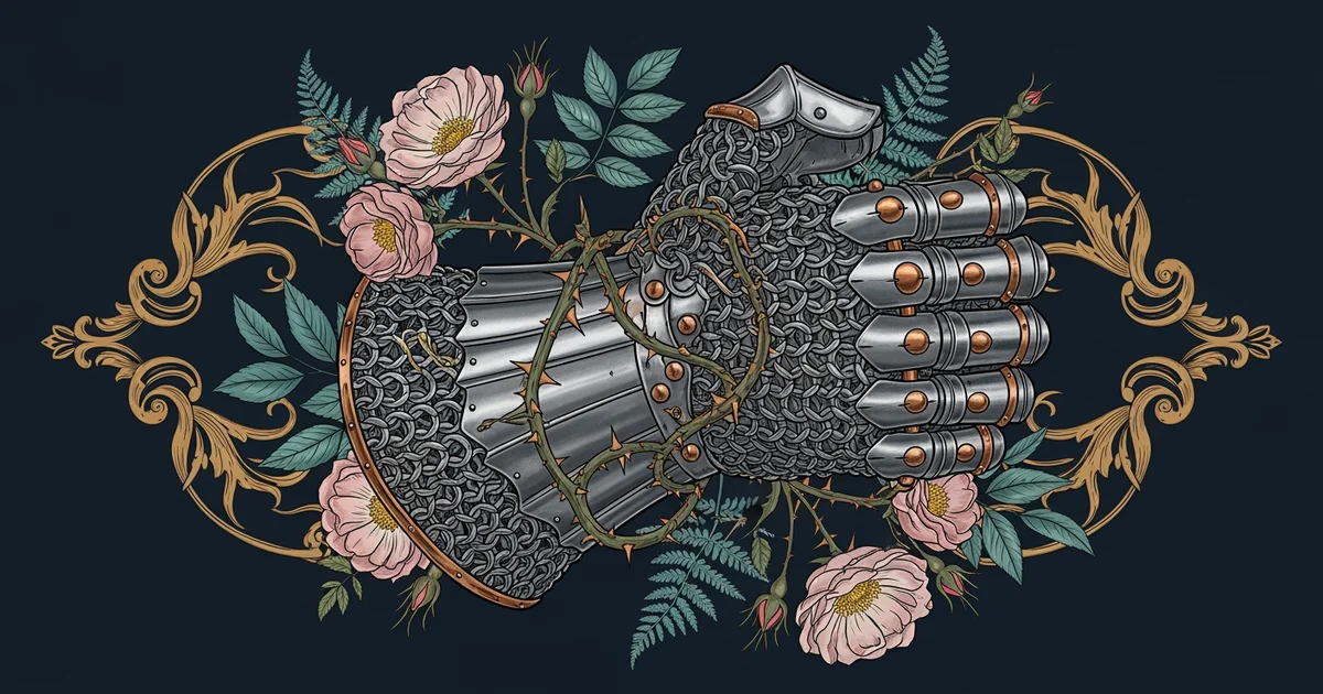 The Immune System: Mechanisms of Defense — illustrated by elaborate suits of armor surrounded by thorns and lancets, Victorian botanical illustration style.
