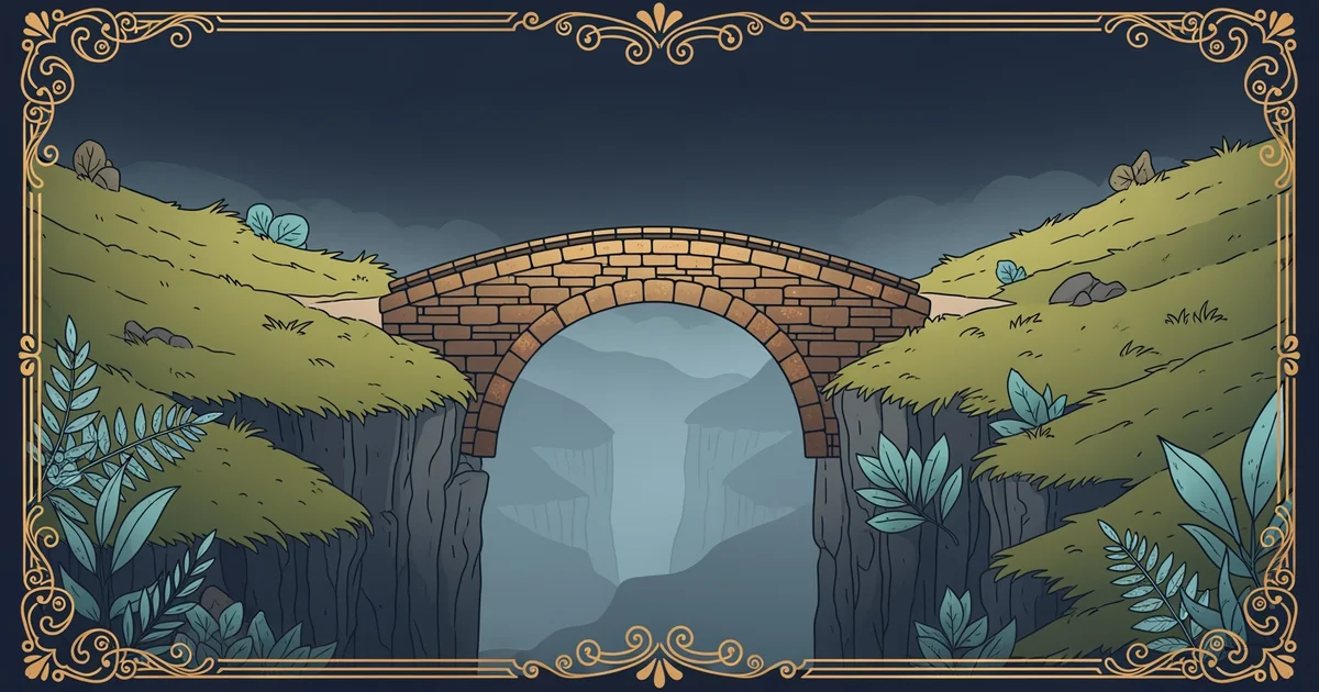 A stone bridge connecting two separated cliffs, Victorian botanical illustration style, representing a Learning Whistle learning path on The Loneliness Epidemic.