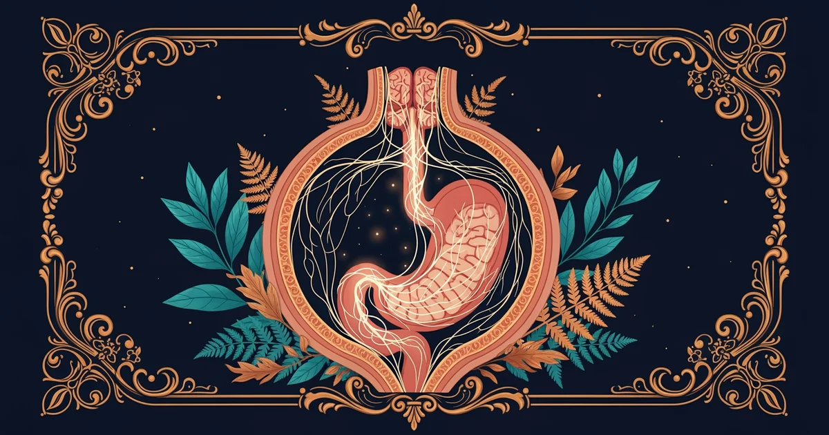 A glowing neural network connecting the gut to the brain.