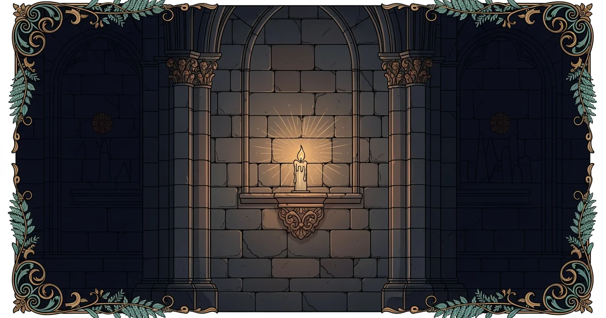 A stone cathedral wall with a single glowing candle, Victorian botanical illustration style, representing a Learning Whistle learning path on The Protestant Reformation.