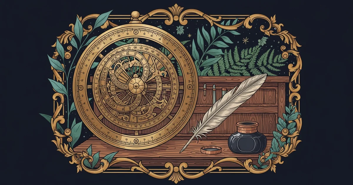 Brass astrolabe, Victorian botanical illustration style, representing a Learning Whistle learning path on the Scientific Revolution.