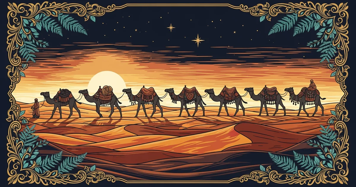 A camel caravan in a desert, representing a Learning Whistle learning path on the Silk Road trade routes.