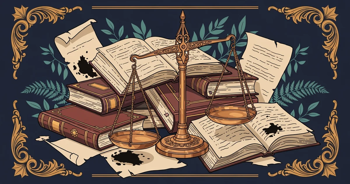 A set of brass scales resting on a pile of open law books and scattered ink-stained parchment, Victorian botanical illustration style, representing a Learning Whistle learning path on The Truth About