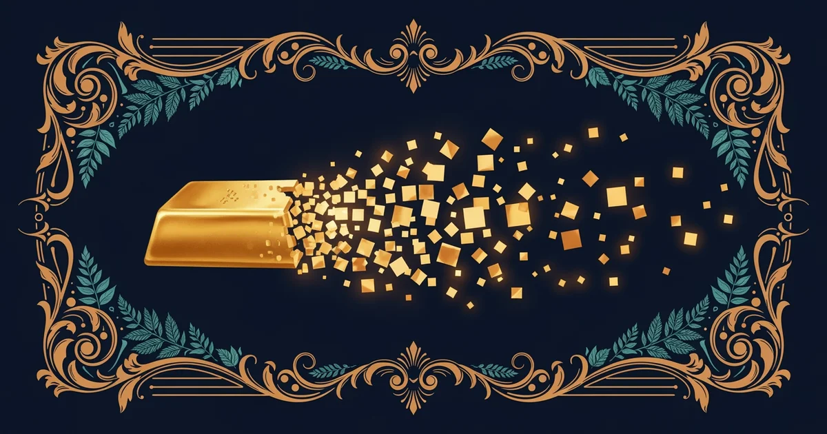 A golden physical bar of gold being digitally sliced into glowing pixelated fragments, Victorian botanical illustration style, representing a Learning Whistle learning path on Tokenized Real-world Ass