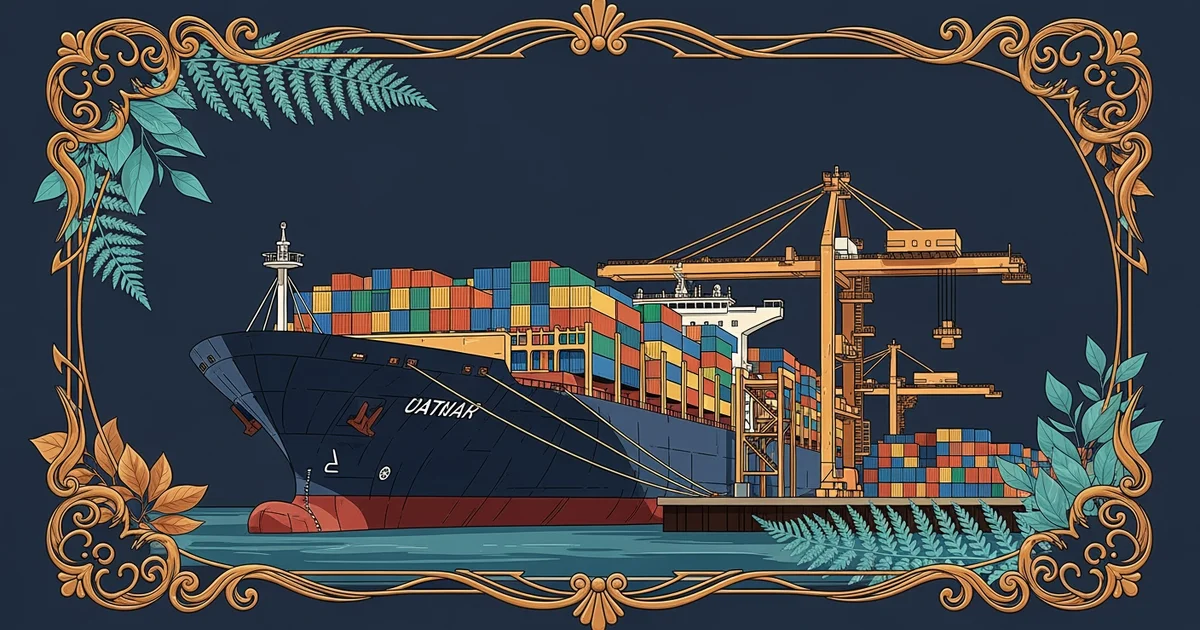 A massive cargo ship docked at a modern automated port with colorful stacked containers, Victorian botanical illustration style, representing a Learning Whistle learning path on Transportation Logisti