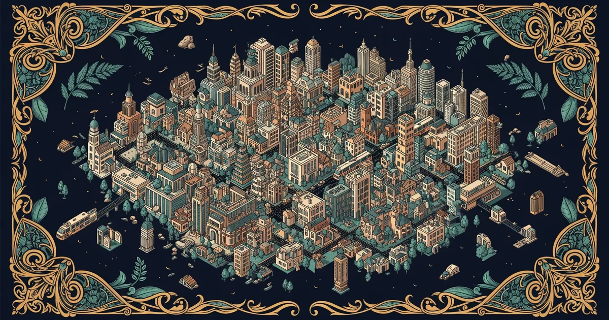 A detailed isometric city diagram, Victorian botanical illustration style, representing a Learning Whistle learning path on Urban Economics.