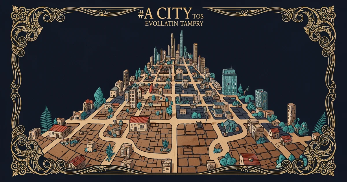 A stylized top-down city grid, Victorian botanical illustration style, representing a Learning Whistle learning path on Urban Planning History.