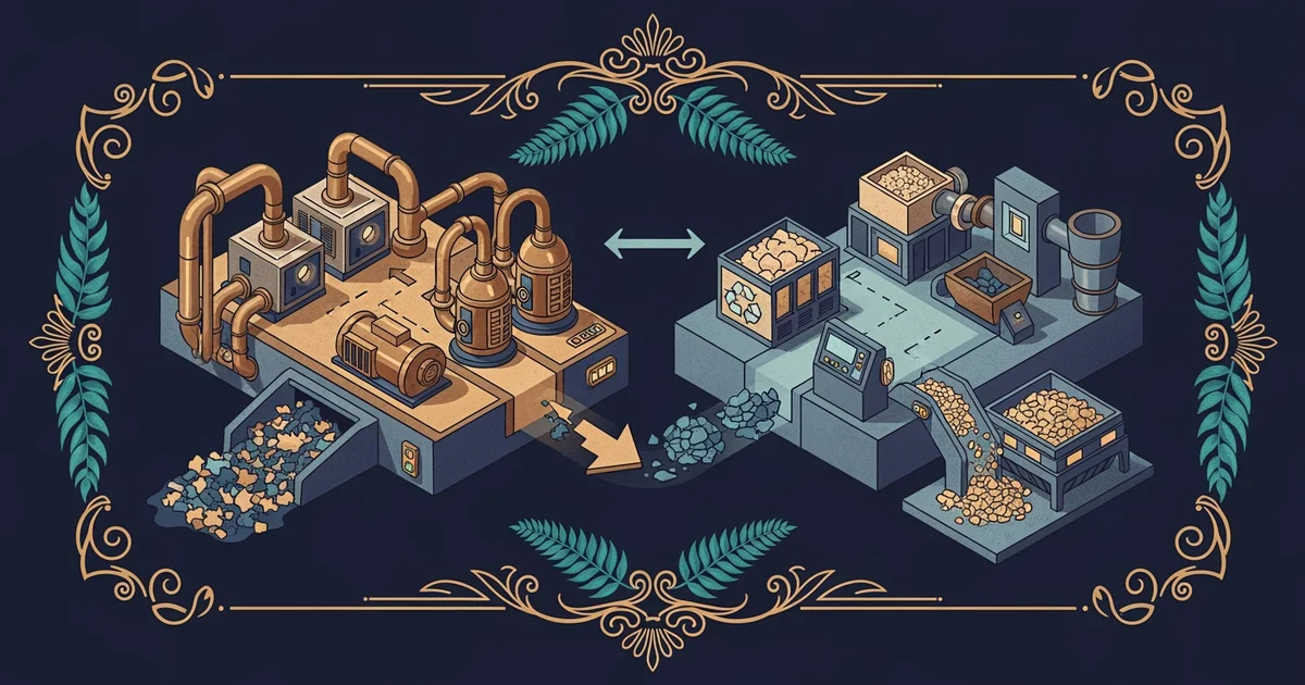 A stylized, isometric diagram of a waste processing facility, Victorian botanical illustration style, representing a Learning Whistle learning path on waste management engineering.
